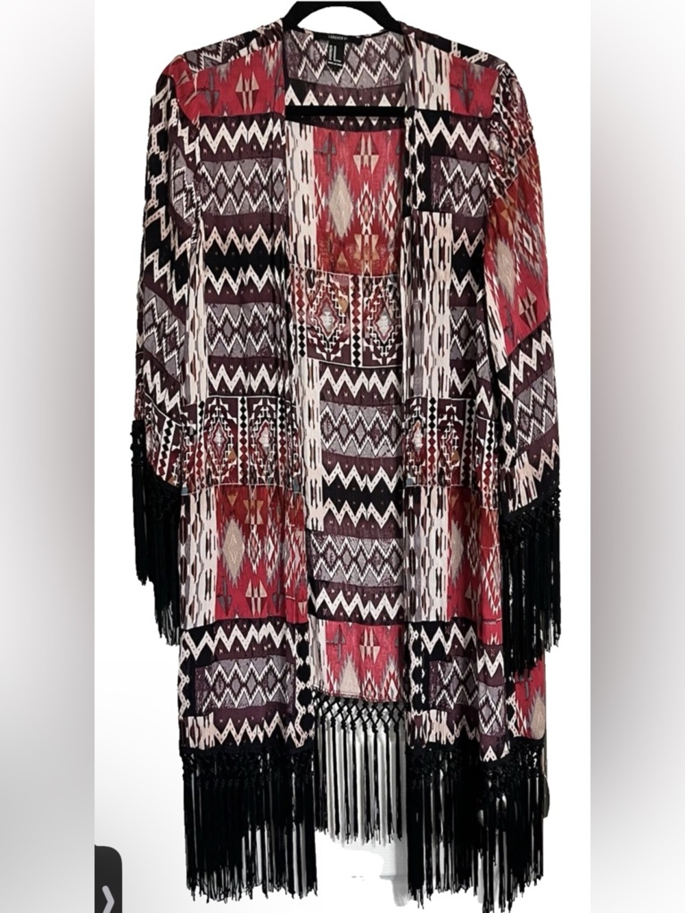 Forever 21 Size M Multicolor Open Front Duster Topper Aztec Black Fringe New Tag